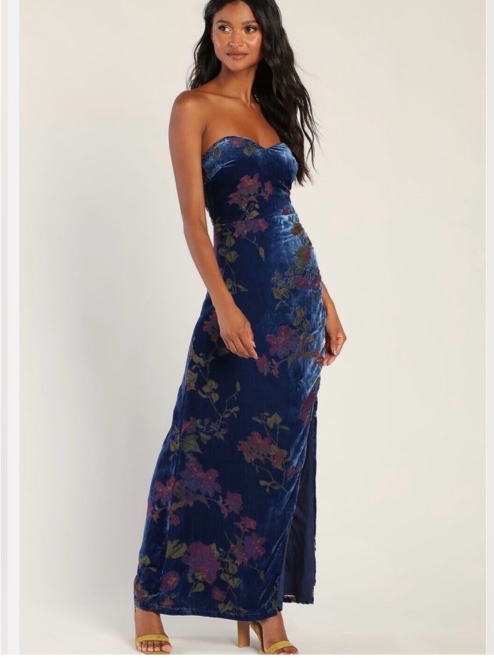 Lulus Exquisite Blue Floral Burnout Velvet Strapless Maxi Dress M
